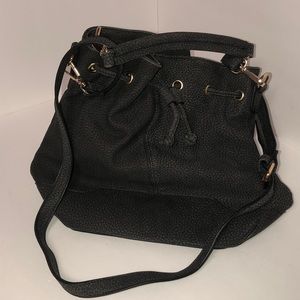 BLACK VEGAN LEATHER DRAWSTRING HOBO